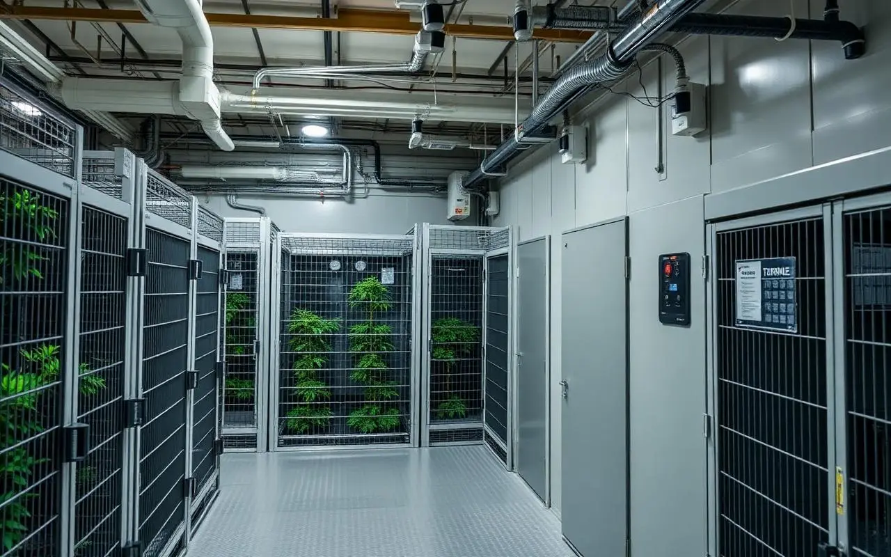 Secure cannabis warehouse with locked storage cages